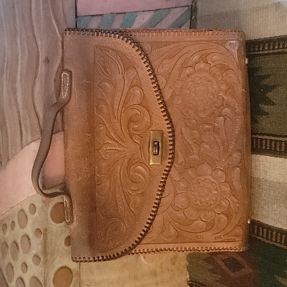 Tooled leather bag, min/brief case.